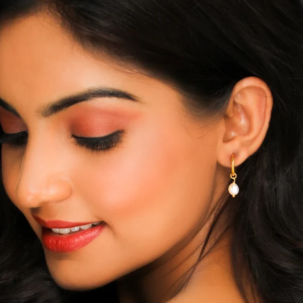 Wholesale 925 Sterling Silver Yellow Gold Plated Pearl Drop Hoop Earrings Supplier - 2