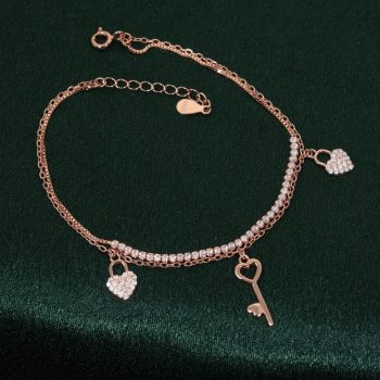 Wholesale 925 Sterling Silver czDiamond Rose Gold Plated Heart & Key Bracelet Supplier - 1