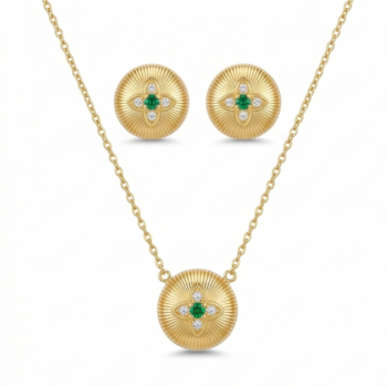LUXE collection – Yellow Gold Plated Ribbed Floral Pendant Necklace and Stud Earrings Jewellery Set for Women