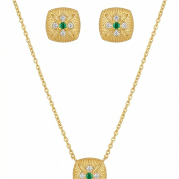 LUXE collection – Textured Cushion Pendant Necklace and Earrings Set Yellow Gold Finish Vintage Jewellery