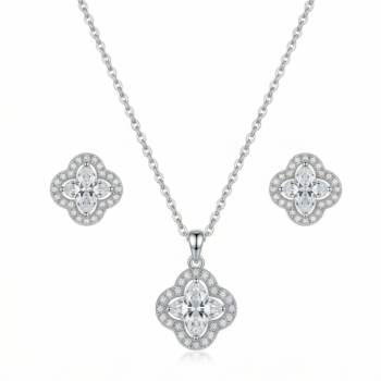 LUXE collection – Quatrefoil Halo Pendant Necklace and Earrings Set High Polish Finish – Premium 925 Silver Fine Jewellery