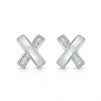 LUXE collection – Criss Cross Mother of Pearl Stud Earrings High Polish Rhodium Finish Jewellery for Women