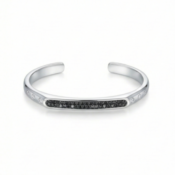 925 Sterling Silver Contrast Black Detail Open Cuff Bracelet High Polish Rhodium Finish Fashion Jewellery