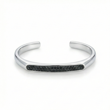 925 Sterling Silver Black Stone Open Cuff Bracelet High Polish Rhodium Finish Statement Jewellery