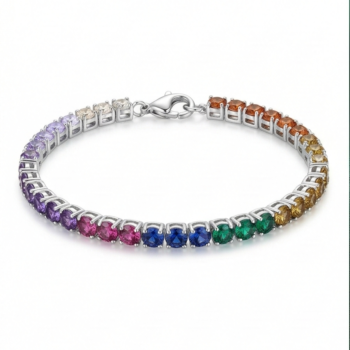925 Sterling Silver Rhodium Plated Rainbow Stone Tennis Bracelet Premium Jewellery for Women