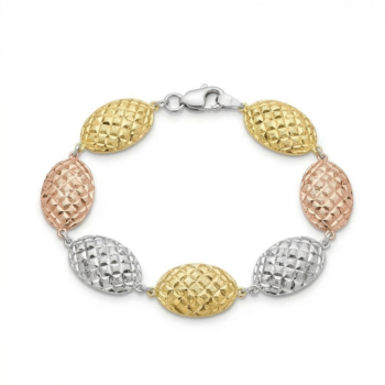 925 Sterling Silver Tri-Color Diamond-Cut Beaded Link Bracelet Premium Jewellery for Women