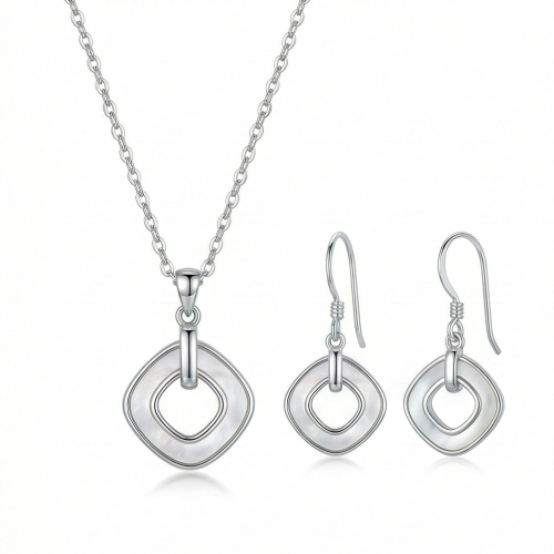 LUXE collection – Geometric Open Square Pearl Inlay Pendant and Drop Earrings Jewellery Set for Women