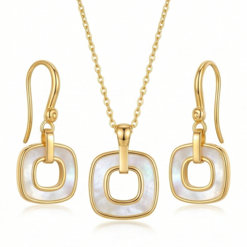 LUXE collection – Yellow Gold Plated Geometric Open Square MOP Inlay Pendant and Drop Earrings Jewellery Set