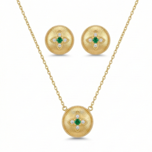 LUXE collection – Yellow Gold Plated Ribbed Floral Pendant Necklace and Stud Earrings Jewellery Set for Women