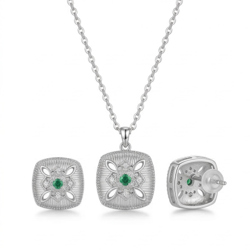 LUXE collection – Cushion Cut Ribbed Floral Pendant Necklace and Stud Earrings Jewellery Set for Women