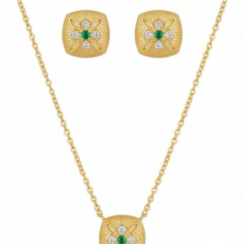 LUXE collection – Textured Cushion Pendant Necklace and Earrings Set Yellow Gold Finish Vintage Jewellery