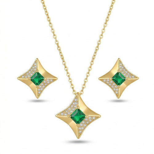 LUXE collection – Four-Point Star Pendant Necklace and Earrings Set Yellow Gold Finish Statement Jewellery