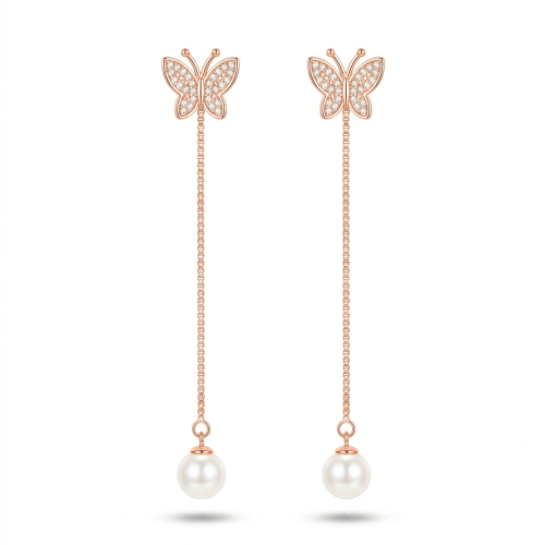 LUXE collection – Butterfly Pearl Drop Dangle Earrings Rose Gold Finish – Premium 925 Silver Fine Jewellery for Women
