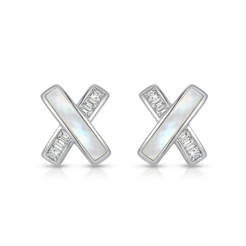 LUXE collection – Criss Cross Mother of Pearl Stud Earrings High Polish Rhodium Finish Jewellery for Women