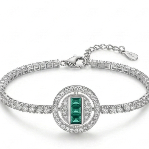 925 Sterling Silver Halo Emerald Cut Green Stone Tennis Bracelet High Polish Rhodium Premium Finish Premium Women’s Jewellery