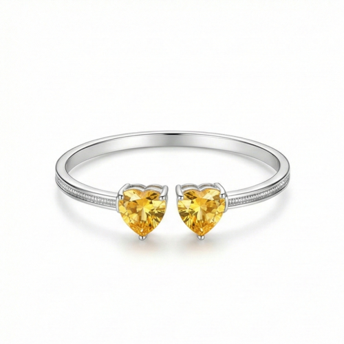 925 Sterling Silver Open Cuff Amber Heart Bracelet High Polish Rhodium Finish Jewellery