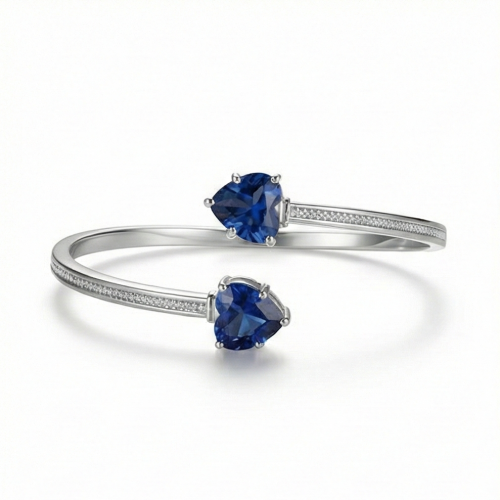 925 Sterling Silver Blue Heart Cuff Bracelet High Polish Rhodium Finish Jewellery