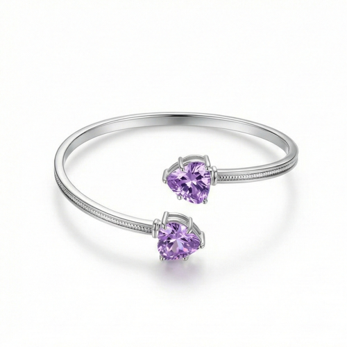 925 Sterling Silver Purple Heart Cuff Bracelet High Polish Rhodium Finish Jewellery