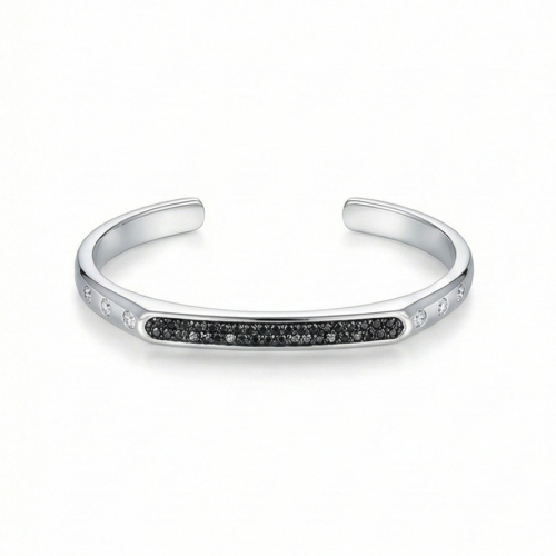 925 Sterling Silver Contrast Black Detail Open Cuff Bracelet High Polish Rhodium Finish Fashion Jewellery