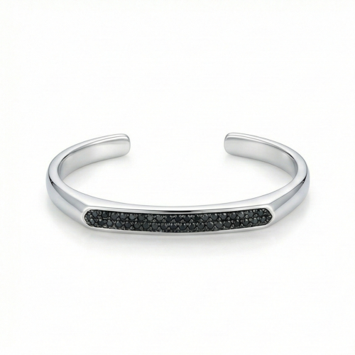 925 Sterling Silver Black Stone Open Cuff Bracelet High Polish Rhodium Finish Statement Jewellery