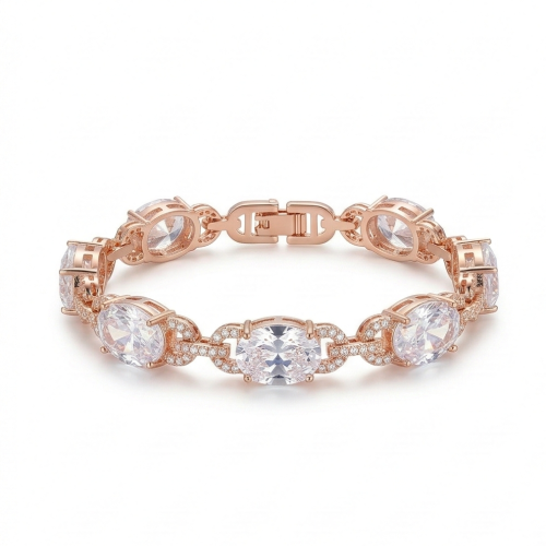 925 Sterling Silver Rose Gold Plated Oval Halo Link Premium Bracelet Jewellery for Women