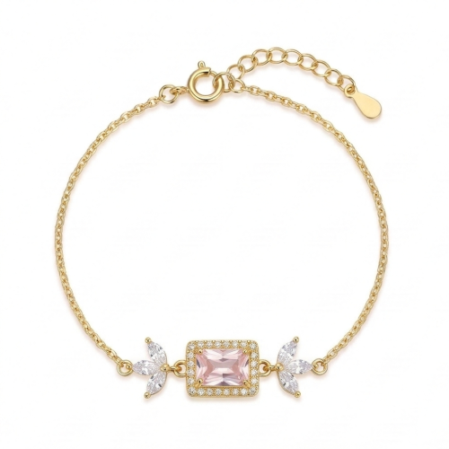 925 Sterling Silver Gold Plated Pink Rectangular Floral Chain Bracelet Premium Jewellery for Women
