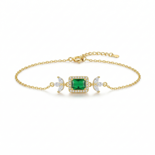 925 Sterling Silver Gold Plated Emerald Green Rectangular Floral Chain Bracelet Premium Jewellery for Women