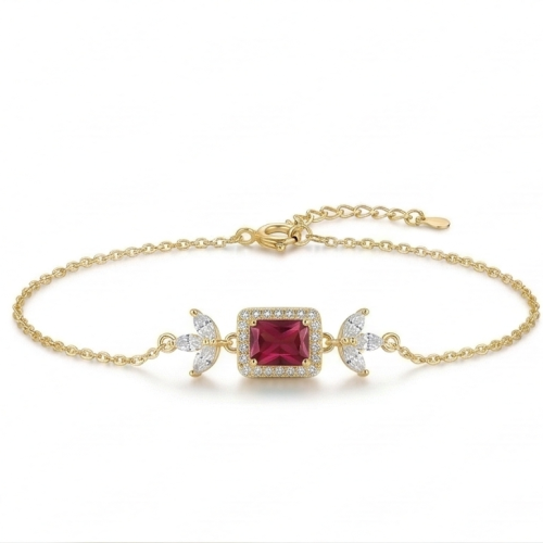 925 Sterling Silver Gold Plated Ruby Red Rectangular Floral Chain Bracelet Premium Jewellery for Women