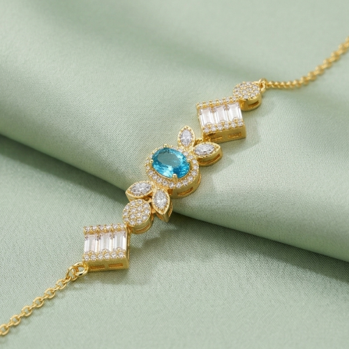 925 Sterling Silver Gold Plated Aquamarine Blue Vintage Inspired Chain Bracelet Premium Jewellery for Women