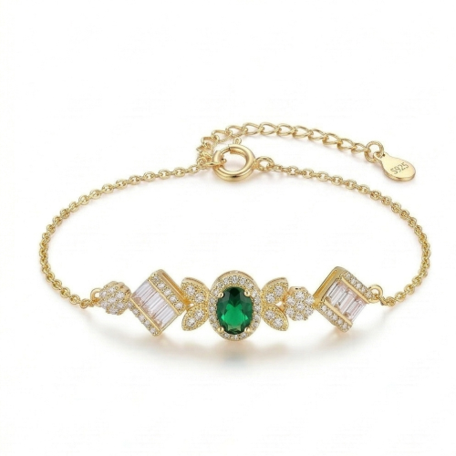 925 Sterling Silver Gold Plated Emerald Green Vintage Inspired Chain Bracelet Premium Jewellery for Women