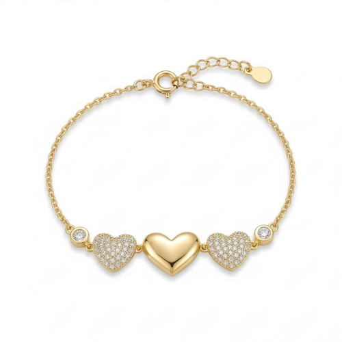 925 Sterling Silver Triple Heart Bracelet in Premium Gold Finish Romantic Jewellery for Women