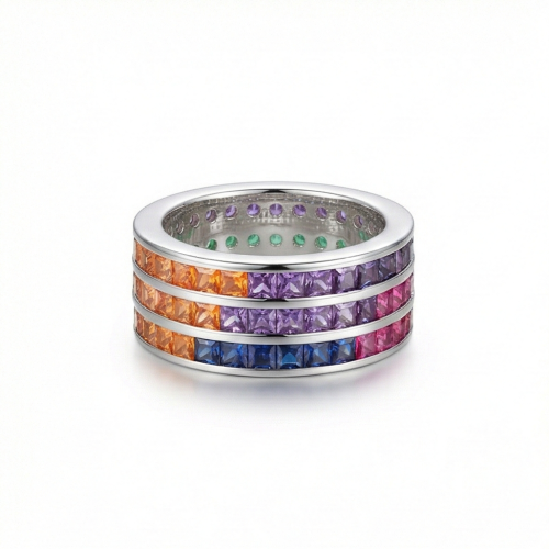 925 Sterling Silver Rainbow Multi-Row Band Ring High Polish Rhodium Jewellery