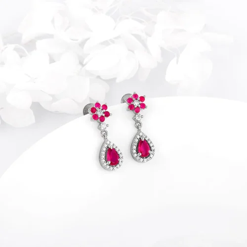 Wholesale 925 Sterling Silver czDiamond Pink Flower Drop Earrings Supplier - 4