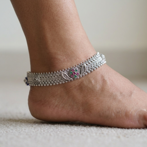 AGOR “Gulabi Morakshi” Jaipuri Antique Silver Floral Payal