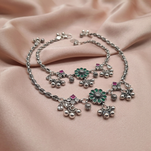 AGOR “Parijaat Kamal” Emerald & Ruby Floral Jaipuri Antique Silver Payal