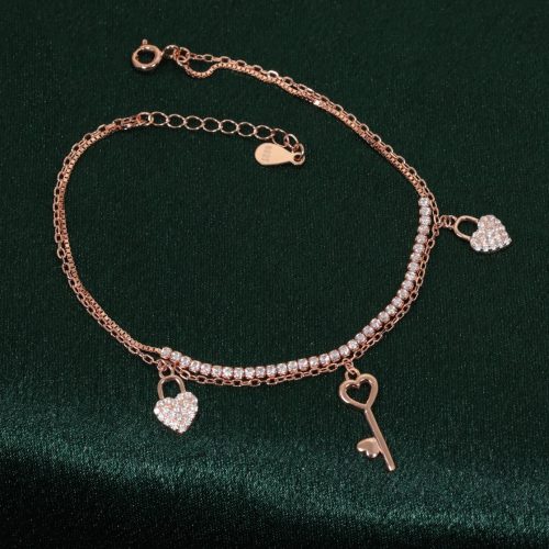 Wholesale 925 Sterling Silver czDiamond Rose Gold Plated Heart & Key Bracelet Supplier - 1